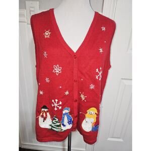 Vintage 90s Red Ugly/Christmas Snowman Cardigan Sweater Vest Size Medium